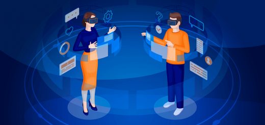 Virtual reality players isometric vector illustration. VR UI and navigation. Futuristic digital technology. Virtual screen. Mixed reality 3d concept. Person in VR headset. Web banner idea